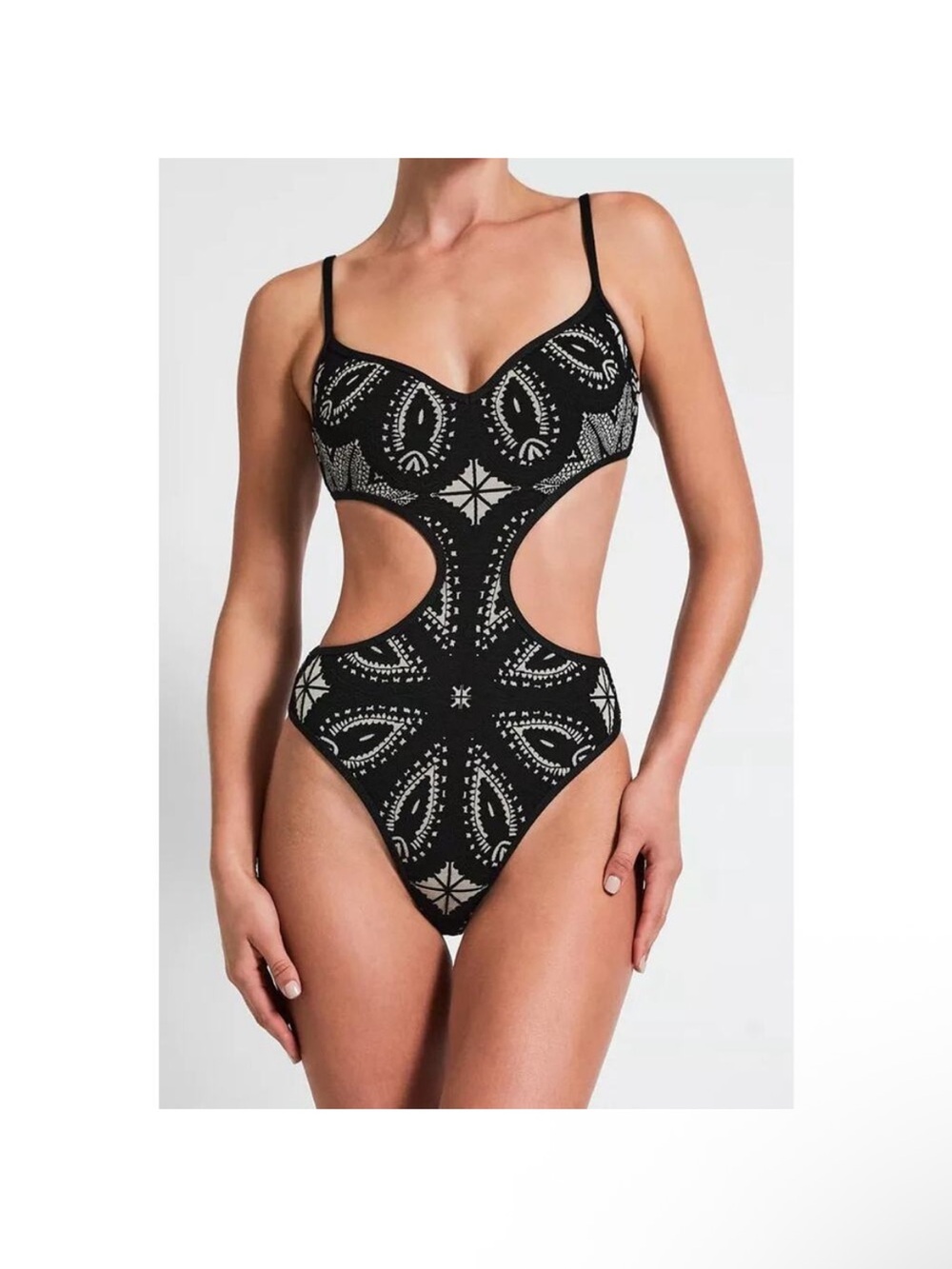 NWT Devon Windsor Julian Black Jacquard Cut Out One Piece Swimsuit Size L